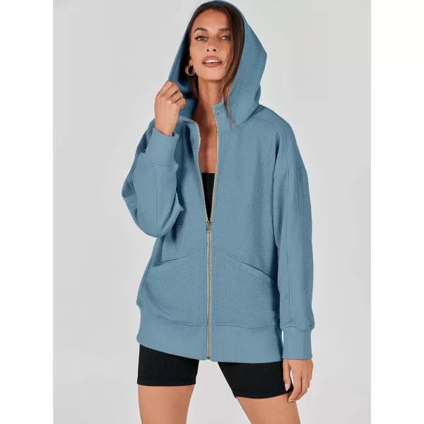 imageANRABESS Womens Oversized Zip Up Hoodies Long Sleeve Waffle Knit Casual Jackets Outerwear 2023 Fall Fashion Trendy ClothesDusty Blue
