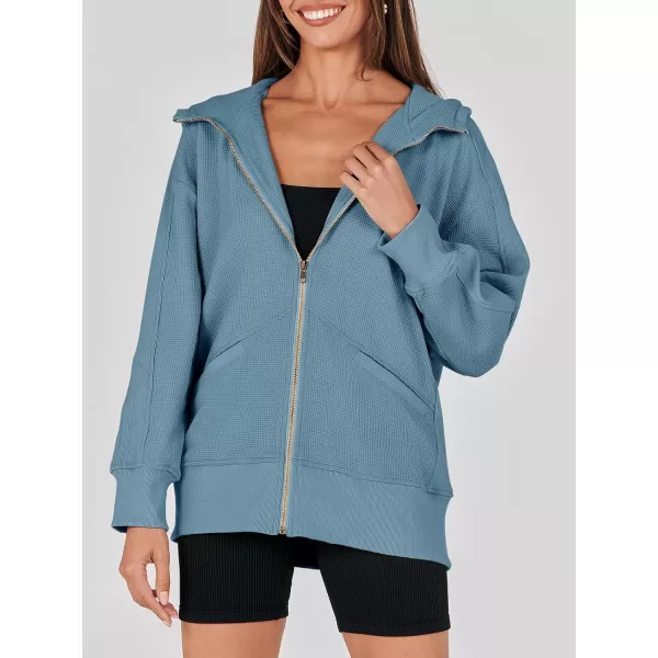 imageANRABESS Womens Oversized Zip Up Hoodies Long Sleeve Waffle Knit Casual Jackets Outerwear 2023 Fall Fashion Trendy ClothesDusty Blue