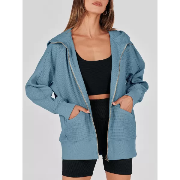 imageANRABESS Womens Oversized Zip Up Hoodies Long Sleeve Waffle Knit Casual Jackets Outerwear 2023 Fall Fashion Trendy ClothesDusty Blue