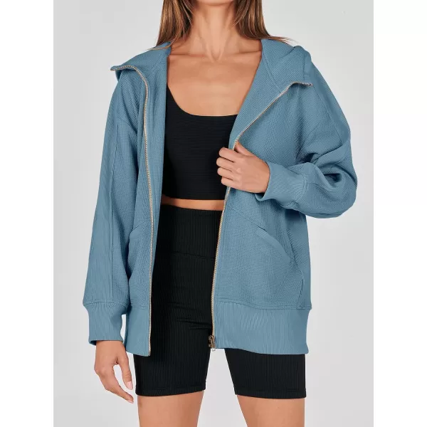 imageANRABESS Womens Oversized Zip Up Hoodies Long Sleeve Waffle Knit Casual Jackets Outerwear 2023 Fall Fashion Trendy ClothesDusty Blue