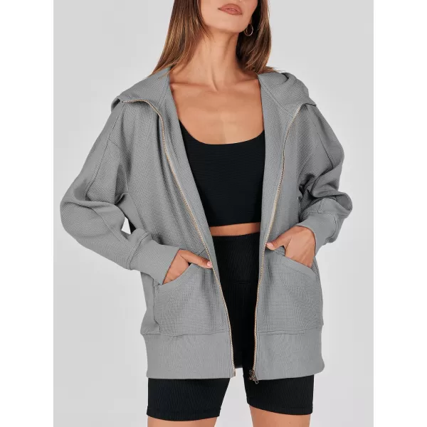 imageANRABESS Womens Oversized Zip Up Hoodies Long Sleeve Waffle Knit Casual Jackets Outerwear 2023 Fall Fashion Trendy ClothesGrey