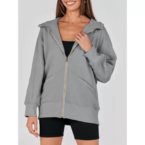 imageANRABESS Womens Oversized Zip Up Hoodies Long Sleeve Waffle Knit Casual Jackets Outerwear 2023 Fall Fashion Trendy ClothesGrey