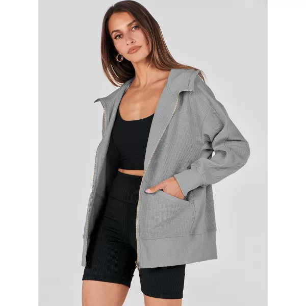 imageANRABESS Womens Oversized Zip Up Hoodies Long Sleeve Waffle Knit Casual Jackets Outerwear 2023 Fall Fashion Trendy ClothesGrey