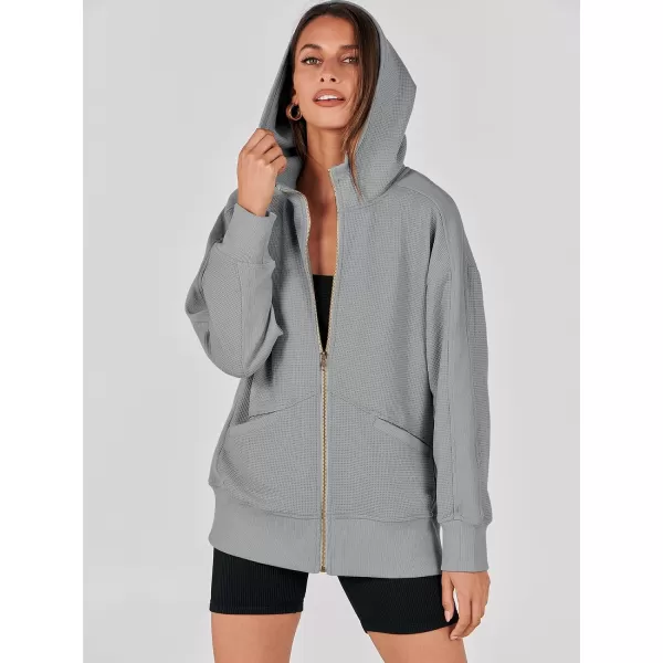imageANRABESS Womens Oversized Zip Up Hoodies Long Sleeve Waffle Knit Casual Jackets Outerwear 2023 Fall Fashion Trendy ClothesGrey