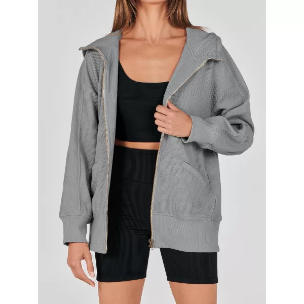imageANRABESS Womens Oversized Zip Up Hoodies Long Sleeve Waffle Knit Casual Jackets Outerwear 2023 Fall Fashion Trendy ClothesGrey