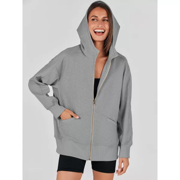 imageANRABESS Womens Oversized Zip Up Hoodies Long Sleeve Waffle Knit Casual Jackets Outerwear 2023 Fall Fashion Trendy ClothesGrey