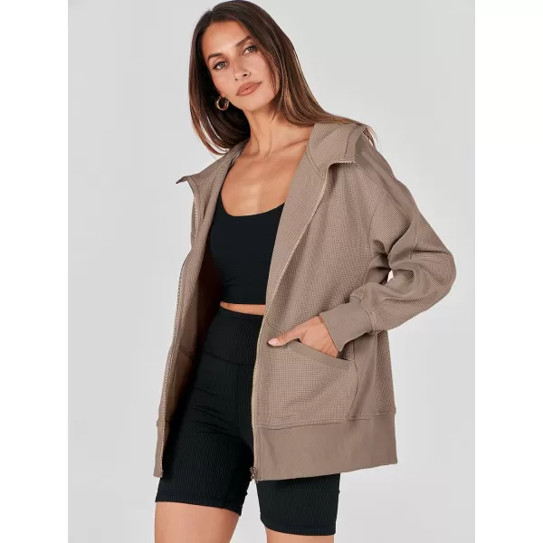 imageANRABESS Womens Oversized Zip Up Hoodies Long Sleeve Waffle Knit Casual Jackets Outerwear 2023 Fall Fashion Trendy ClothesLight Brown
