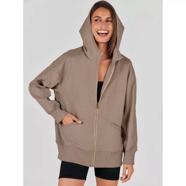 imageANRABESS Womens Oversized Zip Up Hoodies Long Sleeve Waffle Knit Casual Jackets Outerwear 2023 Fall Fashion Trendy ClothesLight Brown
