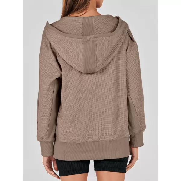 imageANRABESS Womens Oversized Zip Up Hoodies Long Sleeve Waffle Knit Casual Jackets Outerwear 2023 Fall Fashion Trendy ClothesLight Brown