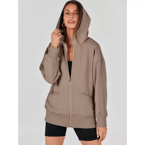 imageANRABESS Womens Oversized Zip Up Hoodies Long Sleeve Waffle Knit Casual Jackets Outerwear 2023 Fall Fashion Trendy ClothesLight Brown