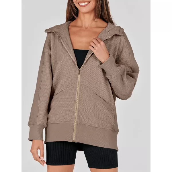 imageANRABESS Womens Oversized Zip Up Hoodies Long Sleeve Waffle Knit Casual Jackets Outerwear 2023 Fall Fashion Trendy ClothesLight Brown
