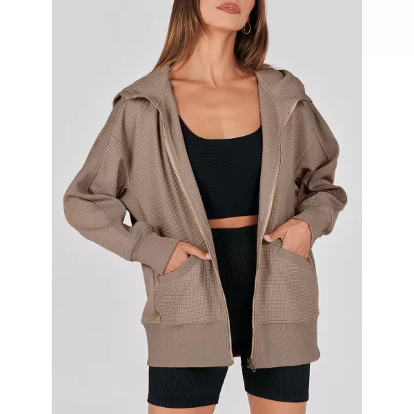 imageANRABESS Womens Oversized Zip Up Hoodies Long Sleeve Waffle Knit Casual Jackets Outerwear 2023 Fall Fashion Trendy ClothesLight Brown