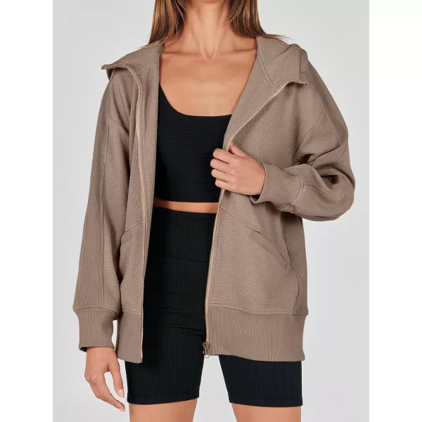imageANRABESS Womens Oversized Zip Up Hoodies Long Sleeve Waffle Knit Casual Jackets Outerwear 2023 Fall Fashion Trendy ClothesLight Brown