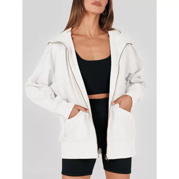 imageANRABESS Womens Oversized Zip Up Hoodies Long Sleeve Waffle Knit Casual Jackets Outerwear 2023 Fall Fashion Trendy ClothesWhite