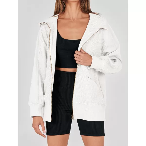 imageANRABESS Womens Oversized Zip Up Hoodies Long Sleeve Waffle Knit Casual Jackets Outerwear 2023 Fall Fashion Trendy ClothesWhite
