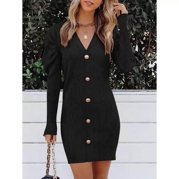 imageANRABESS Womens Puff Long Sleeve V Neck Buttons Ribbed Knit Slim Fit Pullover Sweater Bodycon Mini DressBlack