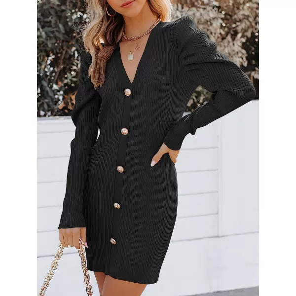 imageANRABESS Womens Puff Long Sleeve V Neck Buttons Ribbed Knit Slim Fit Pullover Sweater Bodycon Mini DressBlack