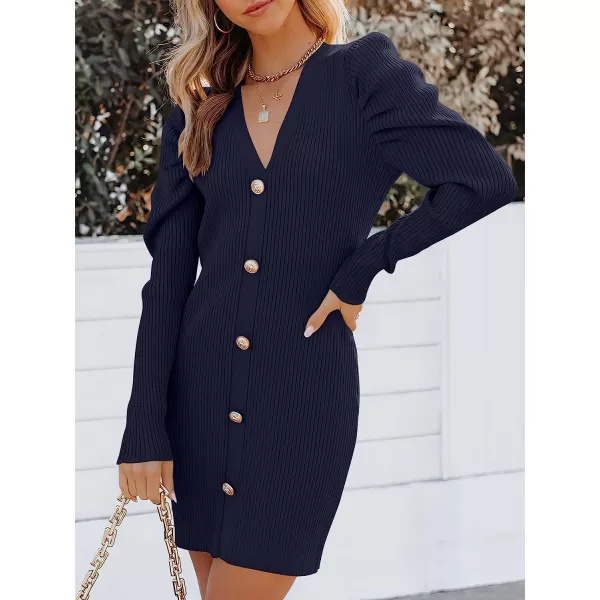 imageANRABESS Womens Puff Long Sleeve V Neck Buttons Ribbed Knit Slim Fit Pullover Sweater Bodycon Mini DressBlue