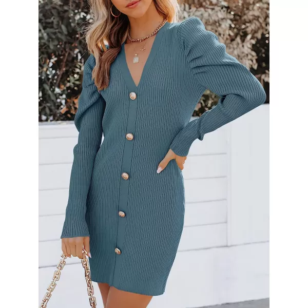 imageANRABESS Womens Puff Long Sleeve V Neck Buttons Ribbed Knit Slim Fit Pullover Sweater Bodycon Mini DressDeep Blue