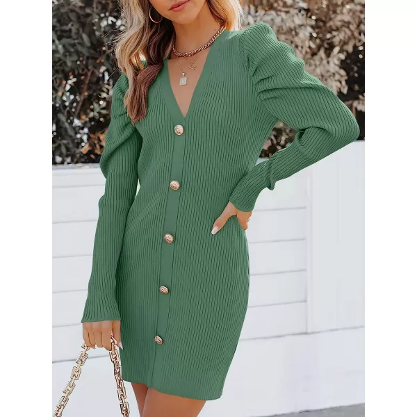 imageANRABESS Womens Puff Long Sleeve V Neck Buttons Ribbed Knit Slim Fit Pullover Sweater Bodycon Mini DressGary Green