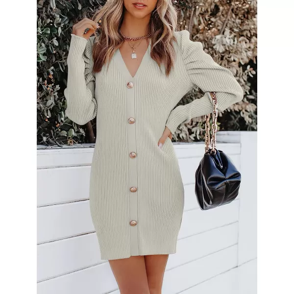imageANRABESS Womens Puff Long Sleeve V Neck Buttons Ribbed Knit Slim Fit Pullover Sweater Bodycon Mini DressGray