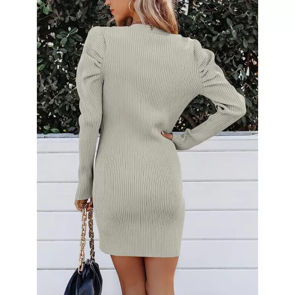 imageANRABESS Womens Puff Long Sleeve V Neck Buttons Ribbed Knit Slim Fit Pullover Sweater Bodycon Mini DressGray