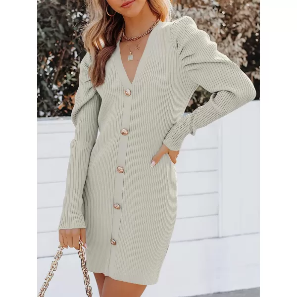 imageANRABESS Womens Puff Long Sleeve V Neck Buttons Ribbed Knit Slim Fit Pullover Sweater Bodycon Mini DressGray
