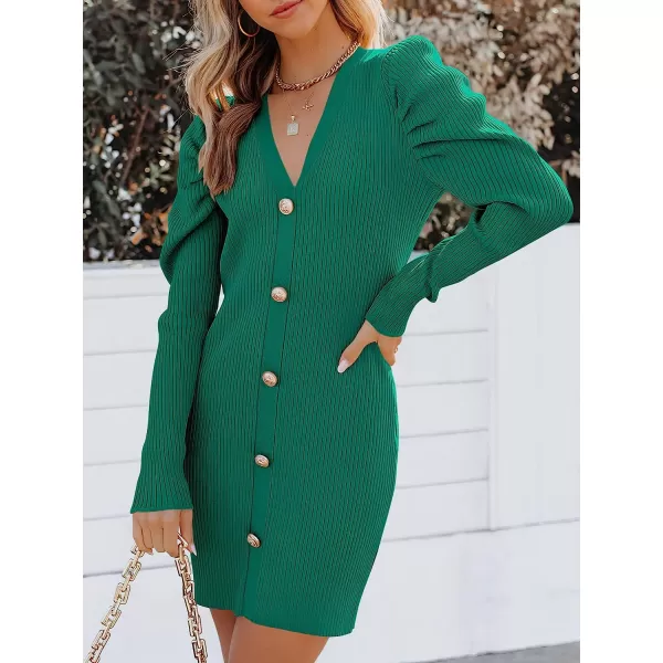 imageANRABESS Womens Puff Long Sleeve V Neck Buttons Ribbed Knit Slim Fit Pullover Sweater Bodycon Mini DressGreen