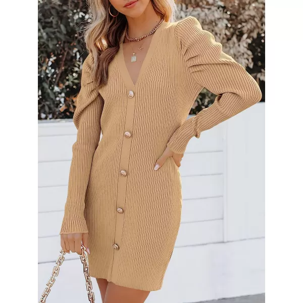 imageANRABESS Womens Puff Long Sleeve V Neck Buttons Ribbed Knit Slim Fit Pullover Sweater Bodycon Mini DressKhaki