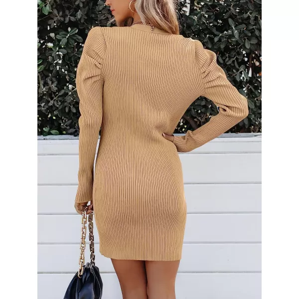 imageANRABESS Womens Puff Long Sleeve V Neck Buttons Ribbed Knit Slim Fit Pullover Sweater Bodycon Mini DressKhaki