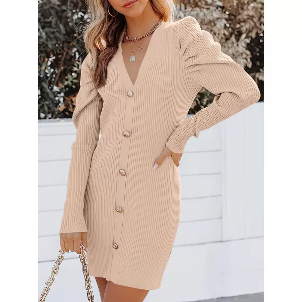 imageANRABESS Womens Puff Long Sleeve V Neck Buttons Ribbed Knit Slim Fit Pullover Sweater Bodycon Mini DressPink