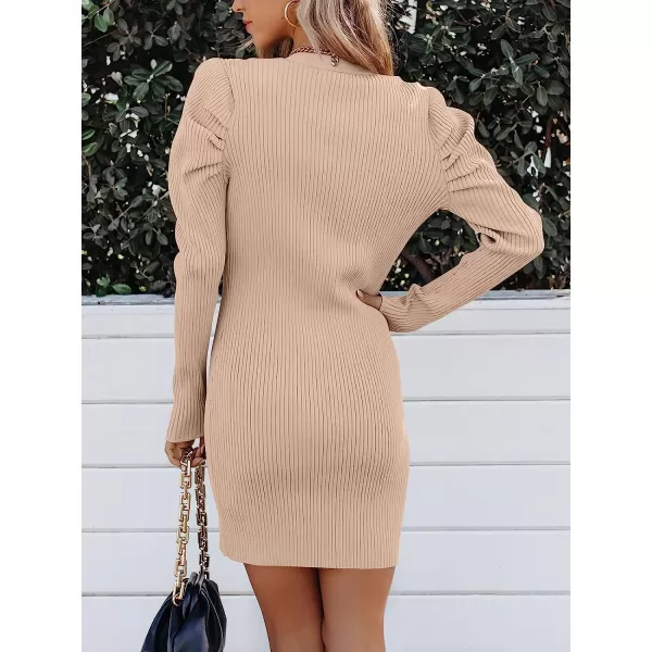 imageANRABESS Womens Puff Long Sleeve V Neck Buttons Ribbed Knit Slim Fit Pullover Sweater Bodycon Mini DressPink