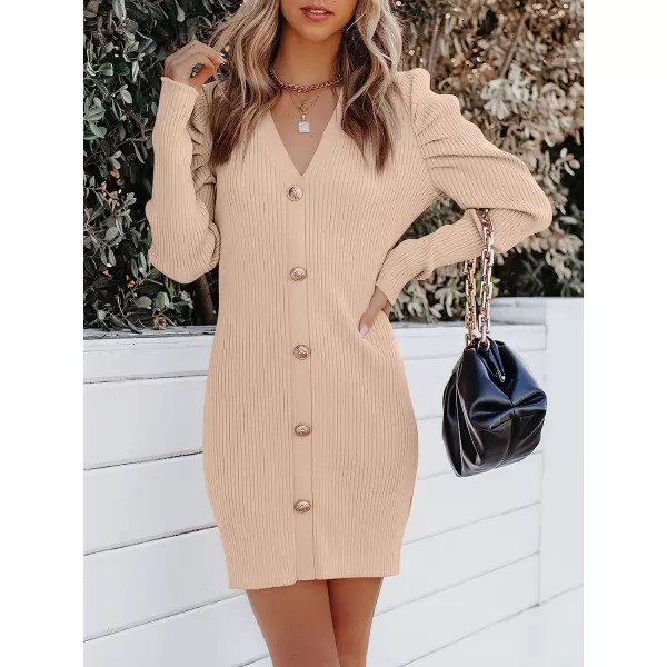 imageANRABESS Womens Puff Long Sleeve V Neck Buttons Ribbed Knit Slim Fit Pullover Sweater Bodycon Mini DressPink