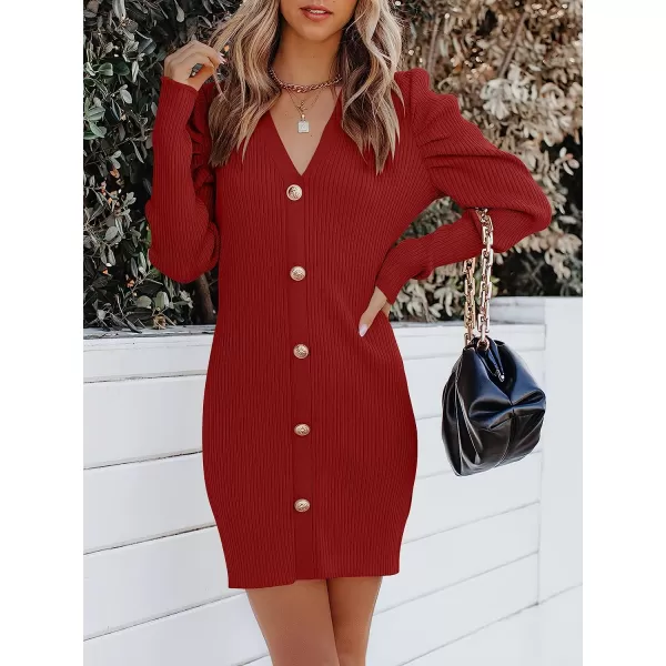 imageANRABESS Womens Puff Long Sleeve V Neck Buttons Ribbed Knit Slim Fit Pullover Sweater Bodycon Mini DressRed