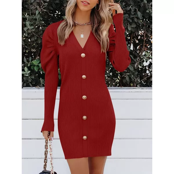 imageANRABESS Womens Puff Long Sleeve V Neck Buttons Ribbed Knit Slim Fit Pullover Sweater Bodycon Mini DressRed