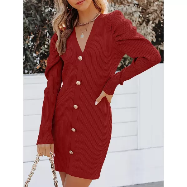 imageANRABESS Womens Puff Long Sleeve V Neck Buttons Ribbed Knit Slim Fit Pullover Sweater Bodycon Mini DressRed