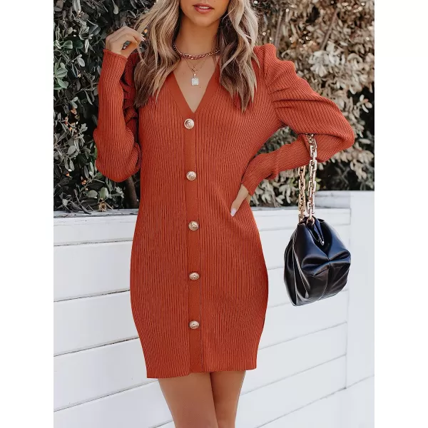 imageANRABESS Womens Puff Long Sleeve V Neck Buttons Ribbed Knit Slim Fit Pullover Sweater Bodycon Mini DressRust