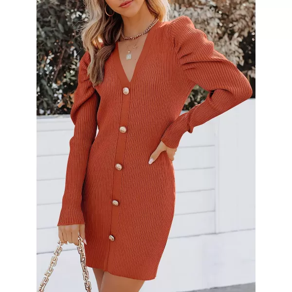 imageANRABESS Womens Puff Long Sleeve V Neck Buttons Ribbed Knit Slim Fit Pullover Sweater Bodycon Mini DressRust