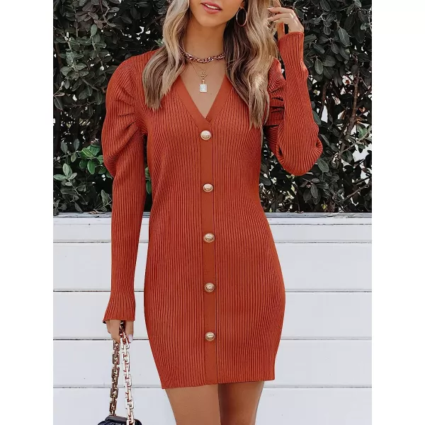 imageANRABESS Womens Puff Long Sleeve V Neck Buttons Ribbed Knit Slim Fit Pullover Sweater Bodycon Mini DressRust
