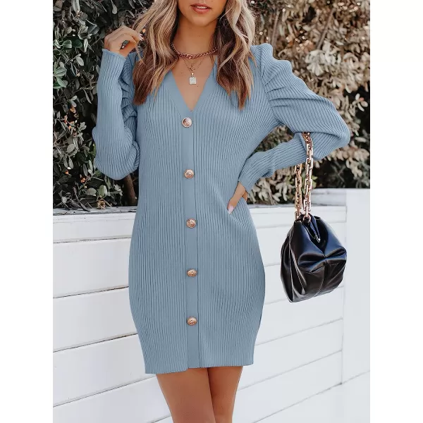 imageANRABESS Womens Puff Long Sleeve V Neck Buttons Ribbed Knit Slim Fit Pullover Sweater Bodycon Mini DressSky Blue