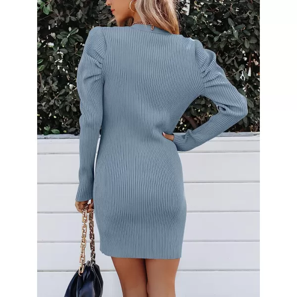 imageANRABESS Womens Puff Long Sleeve V Neck Buttons Ribbed Knit Slim Fit Pullover Sweater Bodycon Mini DressSky Blue