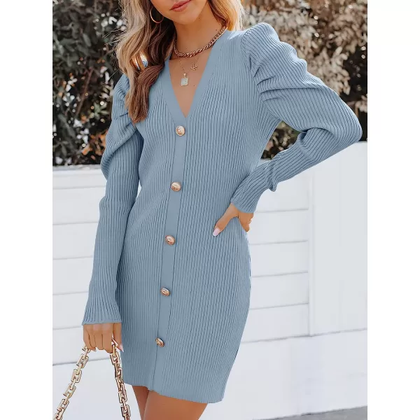 imageANRABESS Womens Puff Long Sleeve V Neck Buttons Ribbed Knit Slim Fit Pullover Sweater Bodycon Mini DressSky Blue