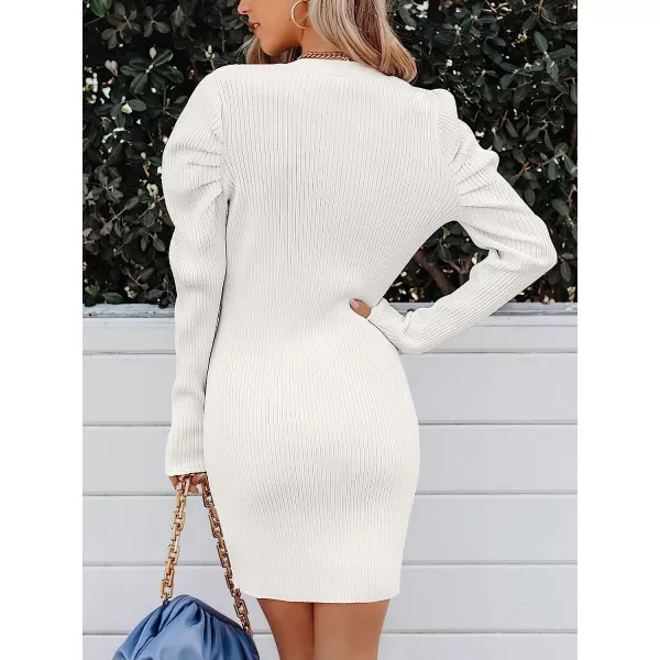 imageANRABESS Womens Puff Long Sleeve V Neck Buttons Ribbed Knit Slim Fit Pullover Sweater Bodycon Mini DressWhite