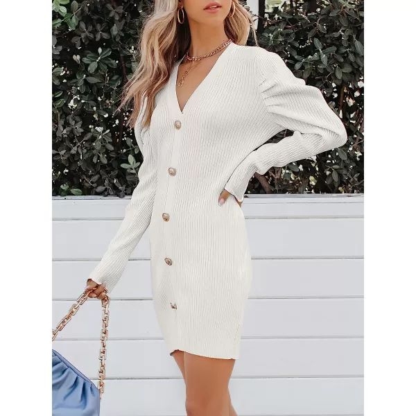 imageANRABESS Womens Puff Long Sleeve V Neck Buttons Ribbed Knit Slim Fit Pullover Sweater Bodycon Mini DressWhite