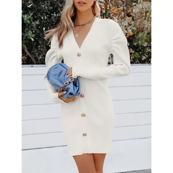 imageANRABESS Womens Puff Long Sleeve V Neck Buttons Ribbed Knit Slim Fit Pullover Sweater Bodycon Mini DressWhite