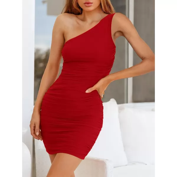 imageANRABESS Womens Ruched Mini Dress Sexy Mesh One Shoulder Sleeveless Party Cocktail Bodycon Short DressesRed