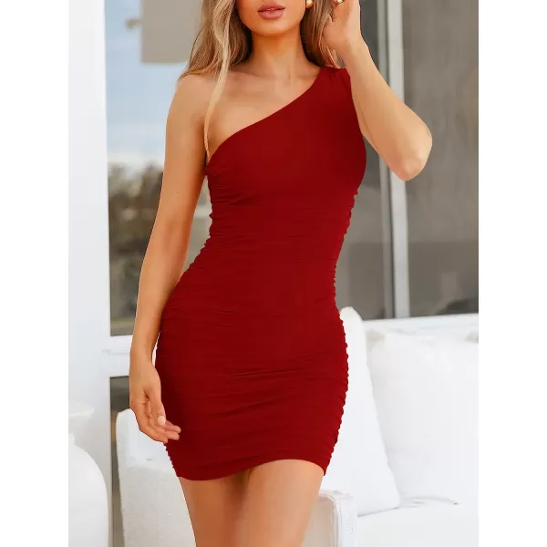 imageANRABESS Womens Ruched Mini Dress Sexy Mesh One Shoulder Sleeveless Party Cocktail Bodycon Short DressesWine Red