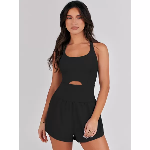 imageANRABESS Womens Running Onesie Workout Rompers Summer One Piece Outfits Exercise Jumpsuits Gym Yoga ClothesBlack