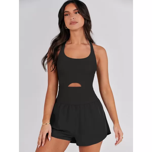 imageANRABESS Womens Running Onesie Workout Rompers Summer One Piece Outfits Exercise Jumpsuits Gym Yoga ClothesBlack