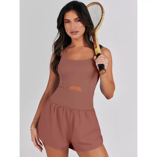 imageANRABESS Womens Running Onesie Workout Rompers Summer One Piece Outfits Exercise Jumpsuits Gym Yoga ClothesBrick Red